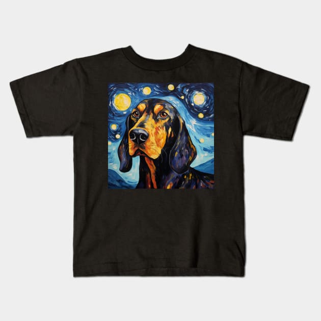 Black and Tan Coonhound Painted in Starry Night style Kids T-Shirt by NatashaCuteShop